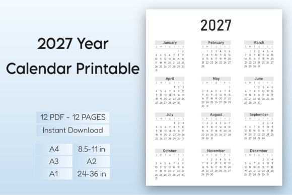 Download 2027 Year Calendar Printable – B&amp;W - Calendar printable Collection